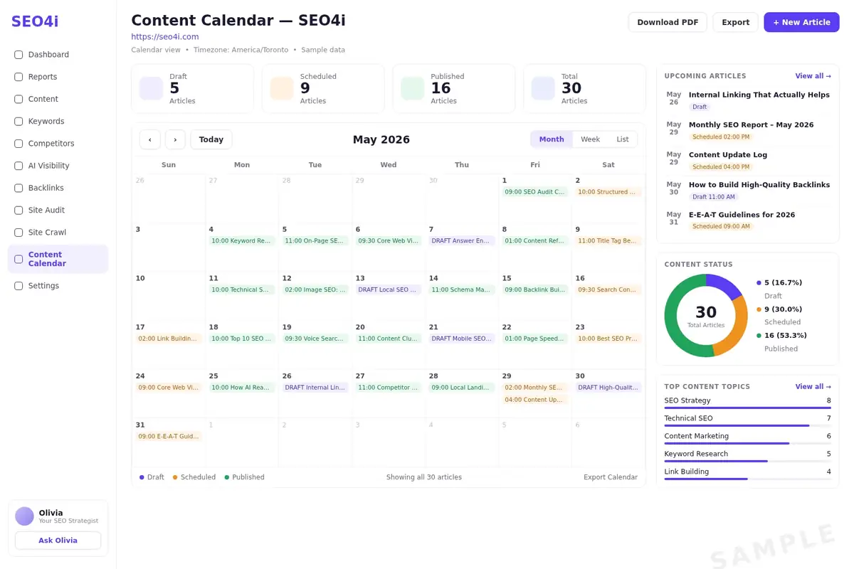 Sample SEO4i content calendar showing draft, scheduled and published articles